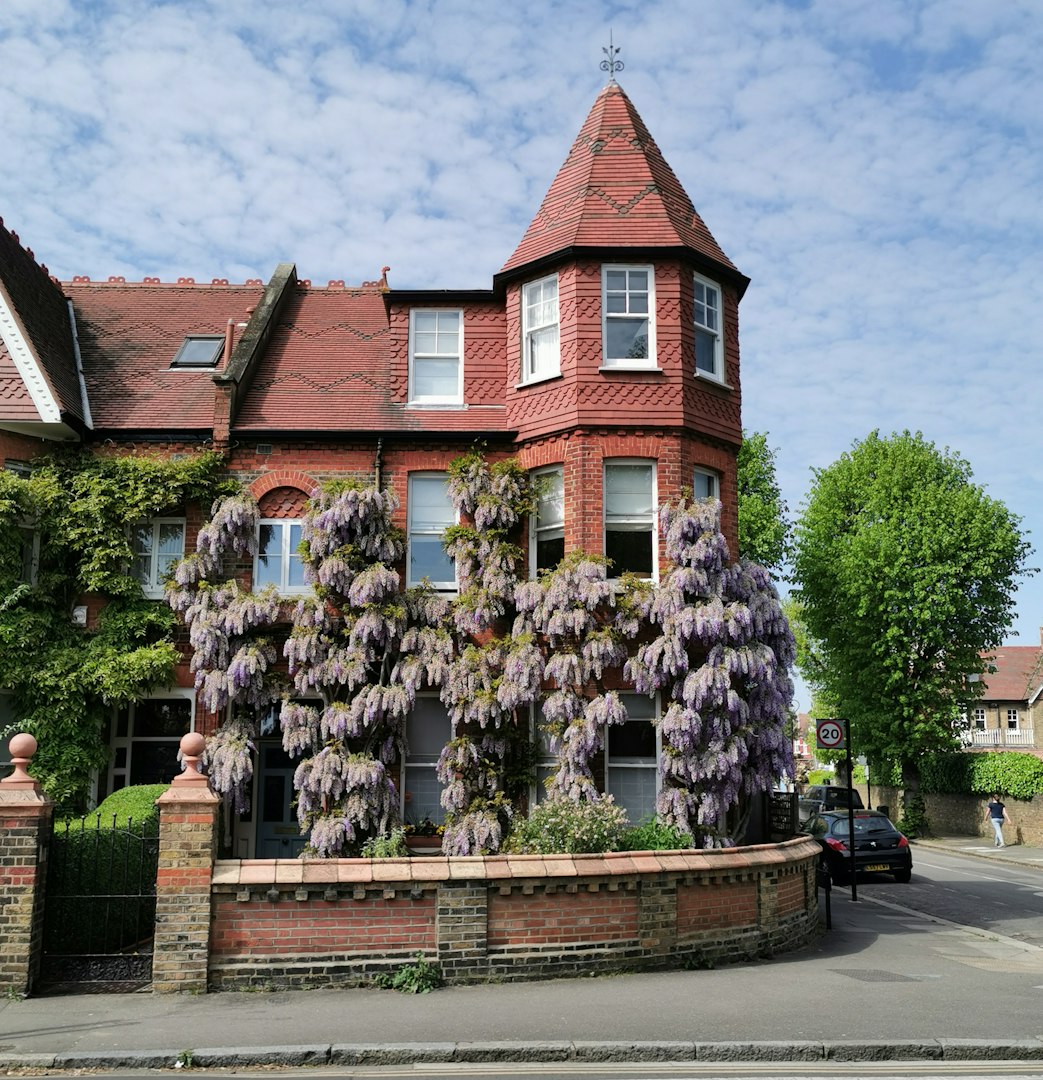 a large brick building with purple flowers growing on it
